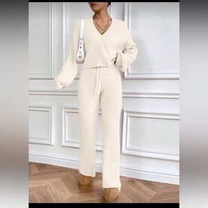 SHEIN Cream Ribbed Straight Leg Sweatsuit